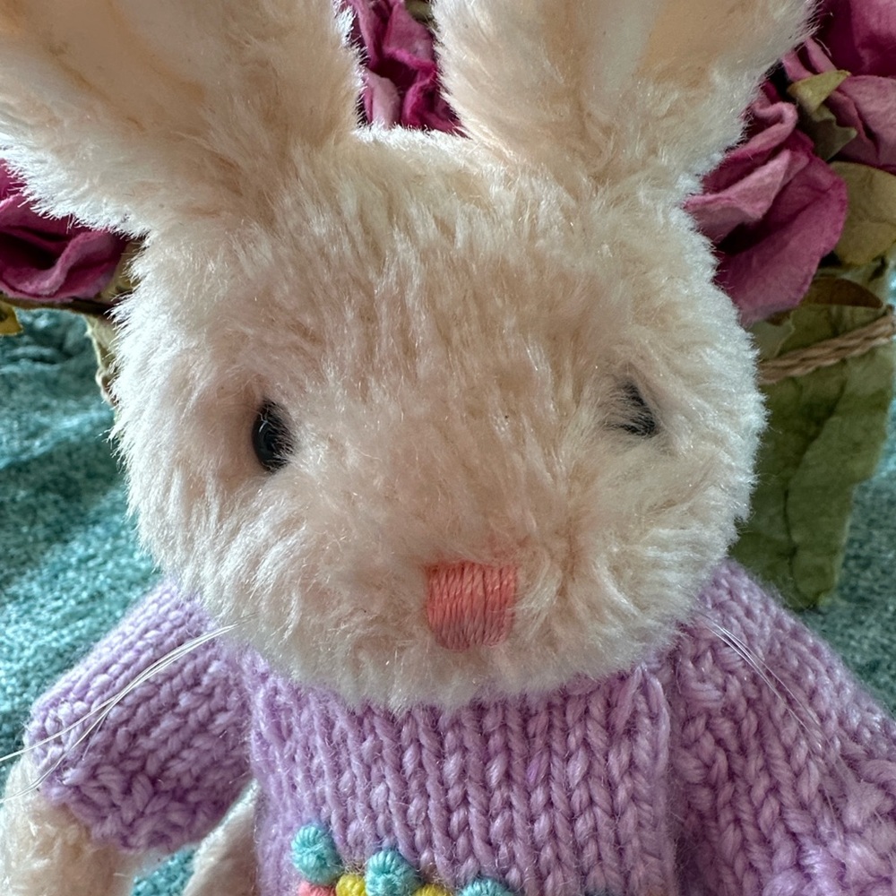 PLUSH BUNNY with Adorable Flower Purple Sweater - Picture 2 of 3